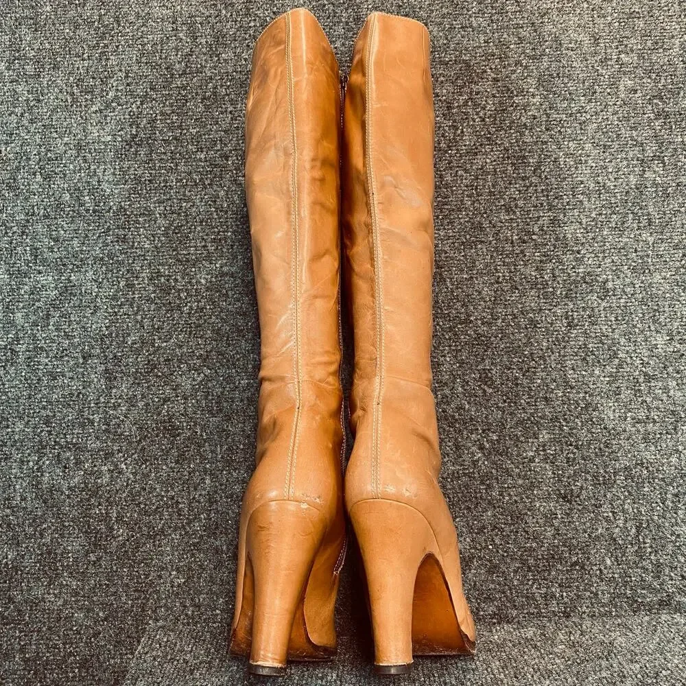 Vintage Alexander's Nordstrom Tan Leather Knee High Boots Block Heel Womens 7